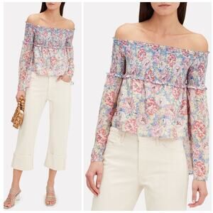 INTERMIX Lucy Silk Off-the-Shoulder Smocked Floral Long Sleeve Top | Small